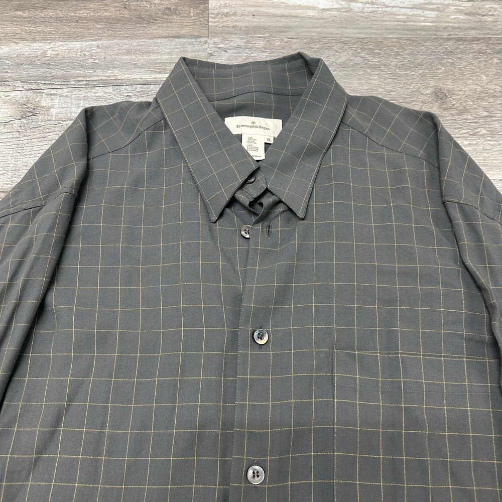 Ermenegildo Zegna Graph Check Gray Yellow Mens XL Italy‎ Made Button Up Shirt